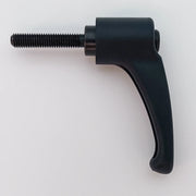 Black ergonomic wheelchair adjustment lever with threaded bolt for secure attachment