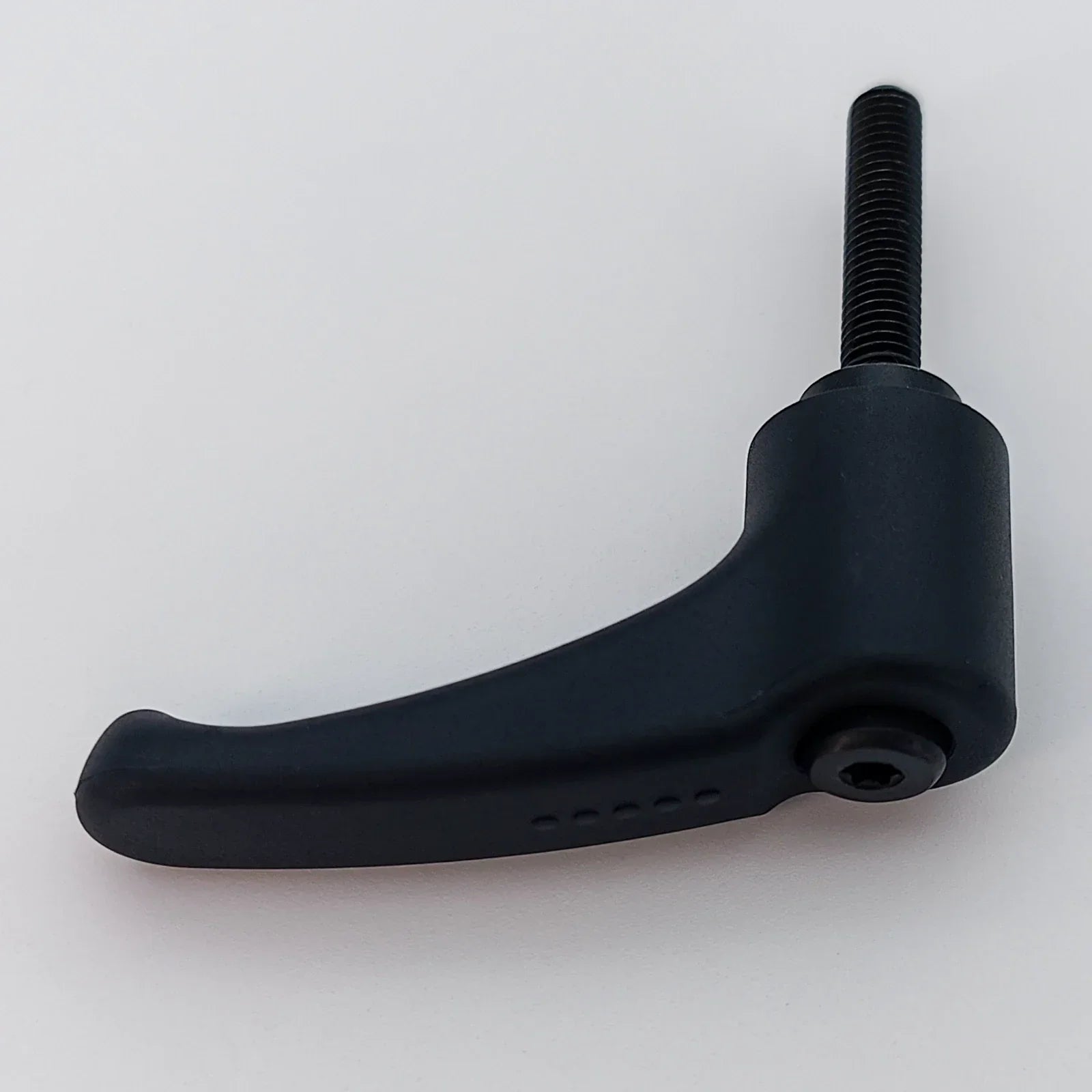 Black ergonomic wheelchair adjustment lever with threaded bolt for secure attachment