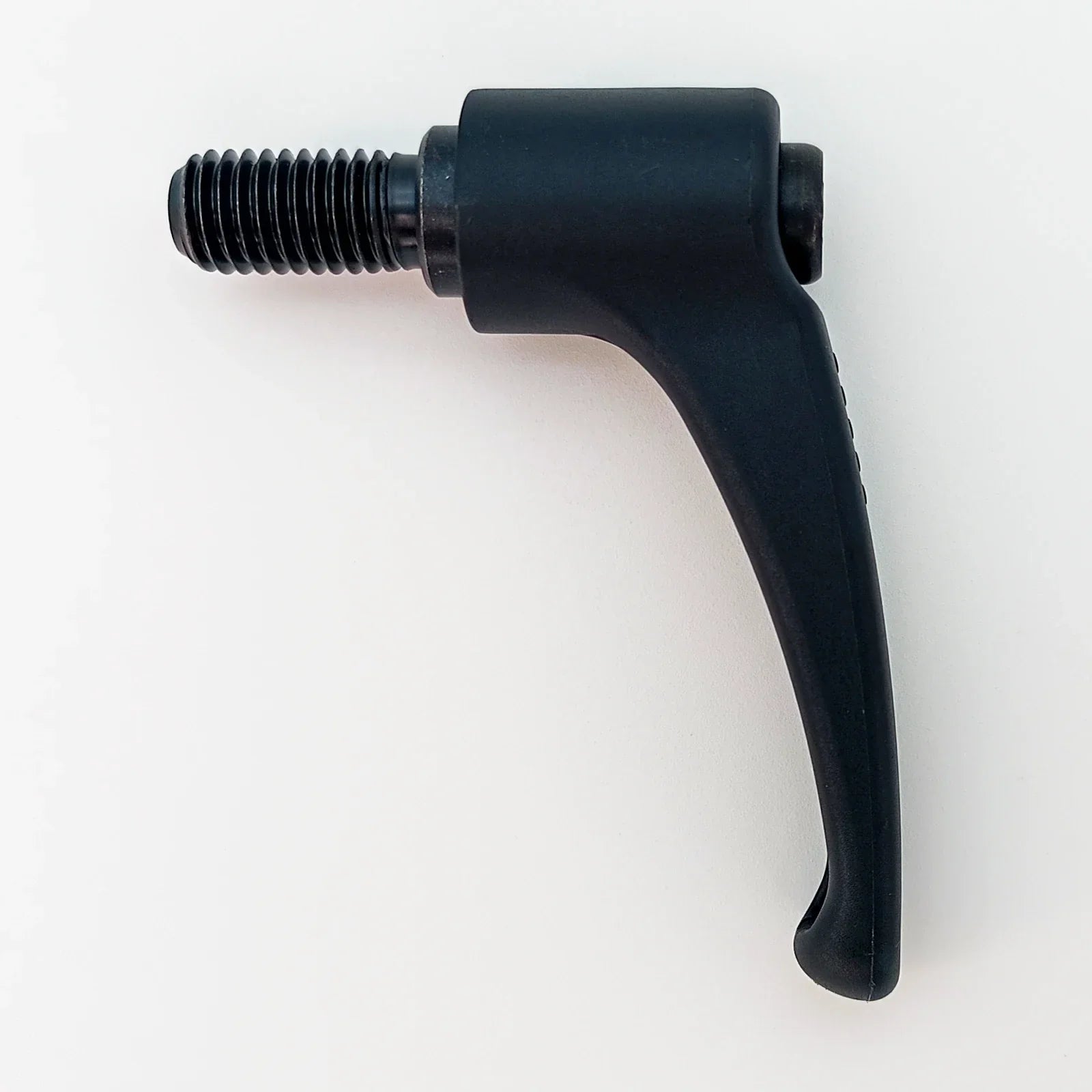 Black ergonomic wheelchair adjustment lever with threaded mount for secure attachment