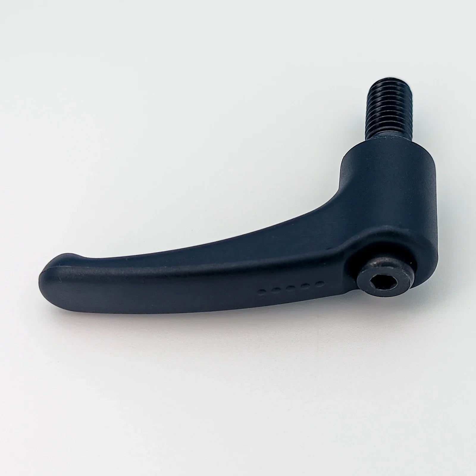 Black ergonomic wheelchair adjustment lever with threaded bolt for secure attachment