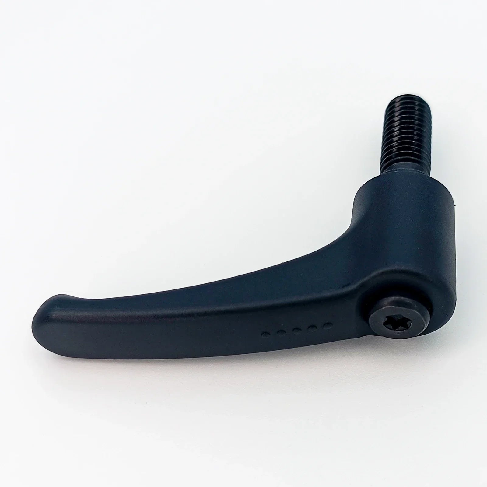 Black ergonomic wheelchair adjustment lever with threaded bolt for secure attachment