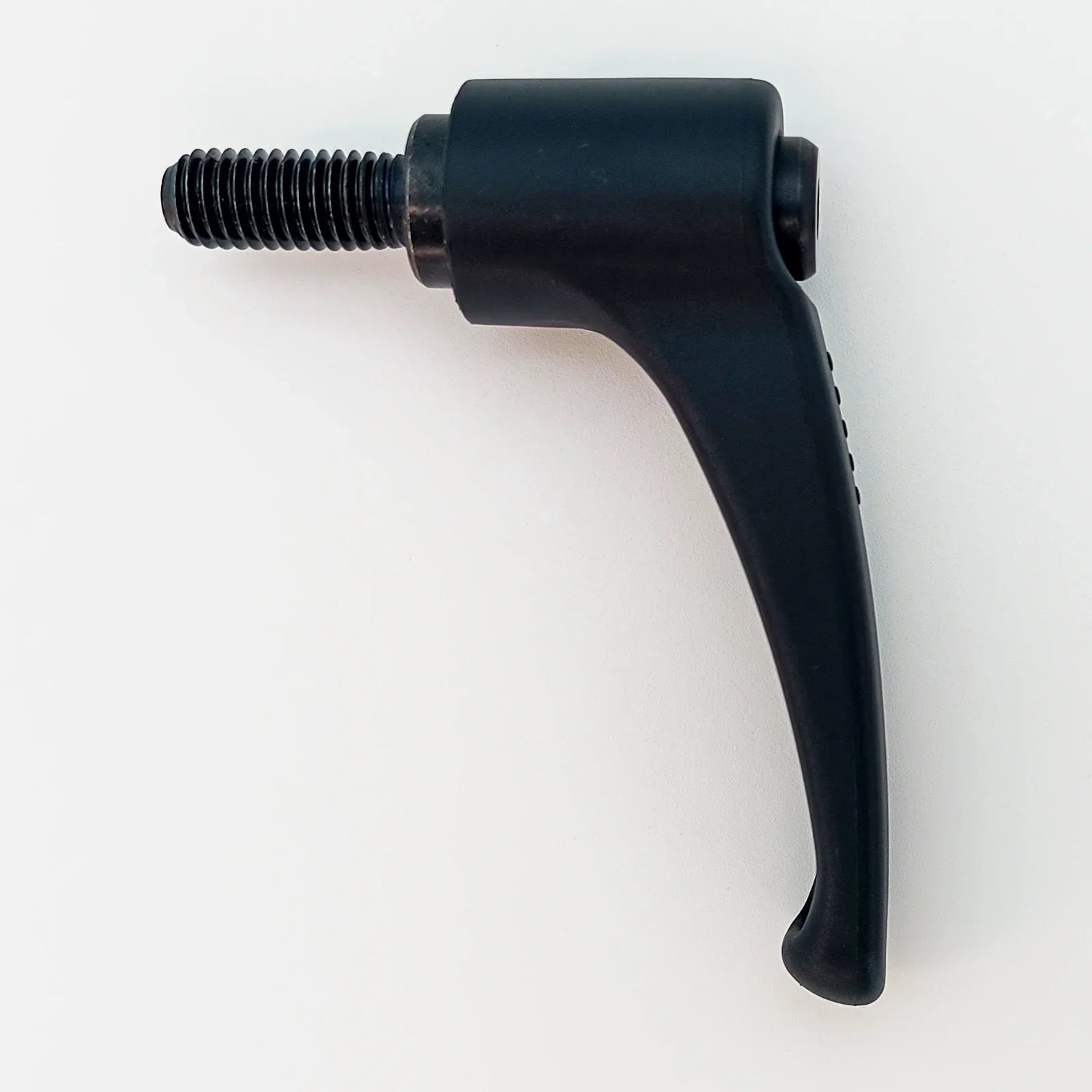 Black ergonomic wheelchair adjustment lever with threaded bolt for secure attachment