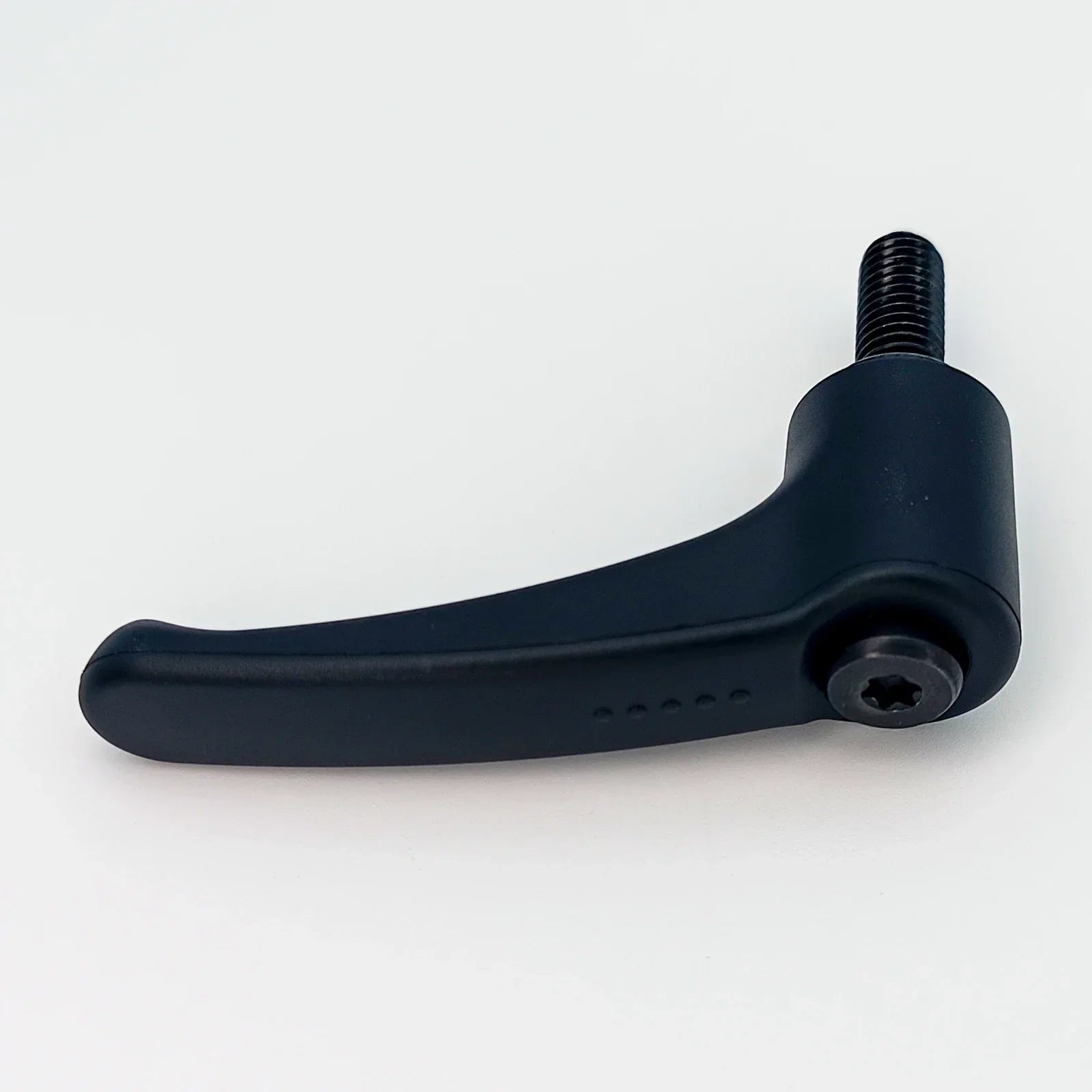 Black wheelchair adjustment lever with threaded bolt, durable accessory for mobility equipment