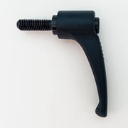 Black ergonomic wheelchair lever with threaded bolt for secure attachment and easy adjustment