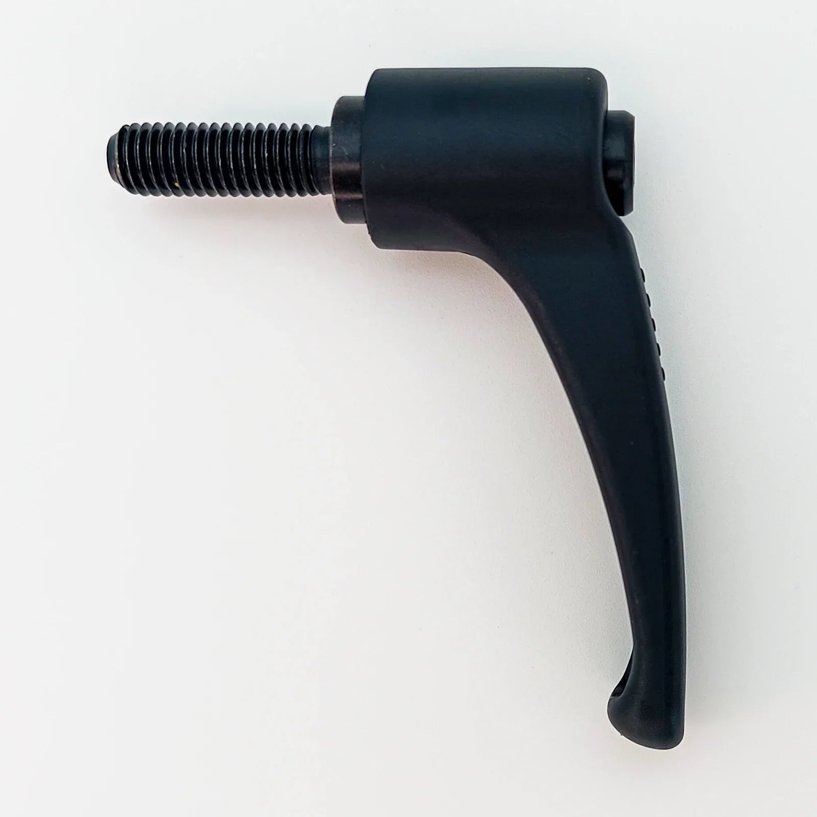Black ergonomic wheelchair lever with threaded bolt for secure attachment and easy adjustment