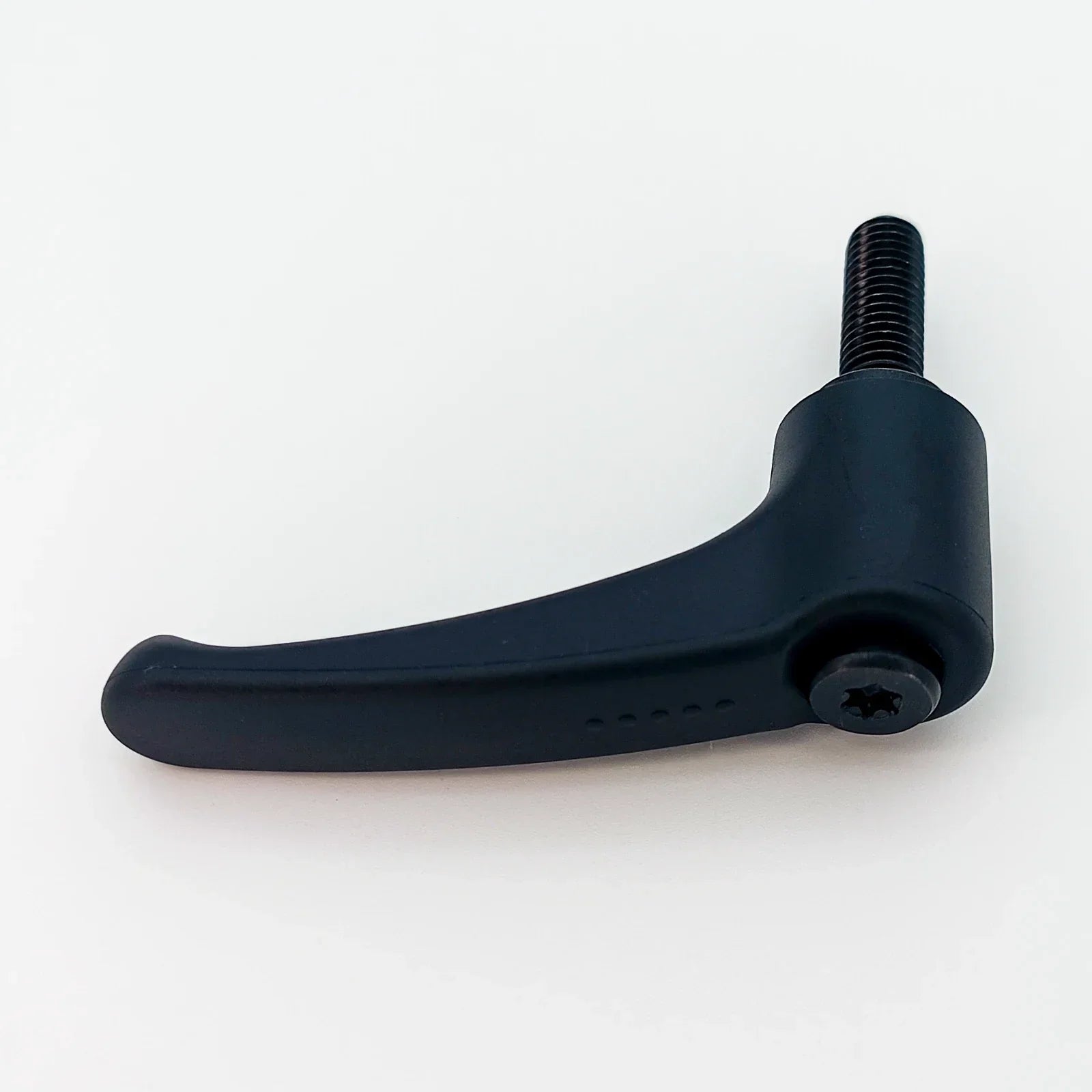 Black plastic wheelchair adjustment lever with threaded bolt for secure attachment