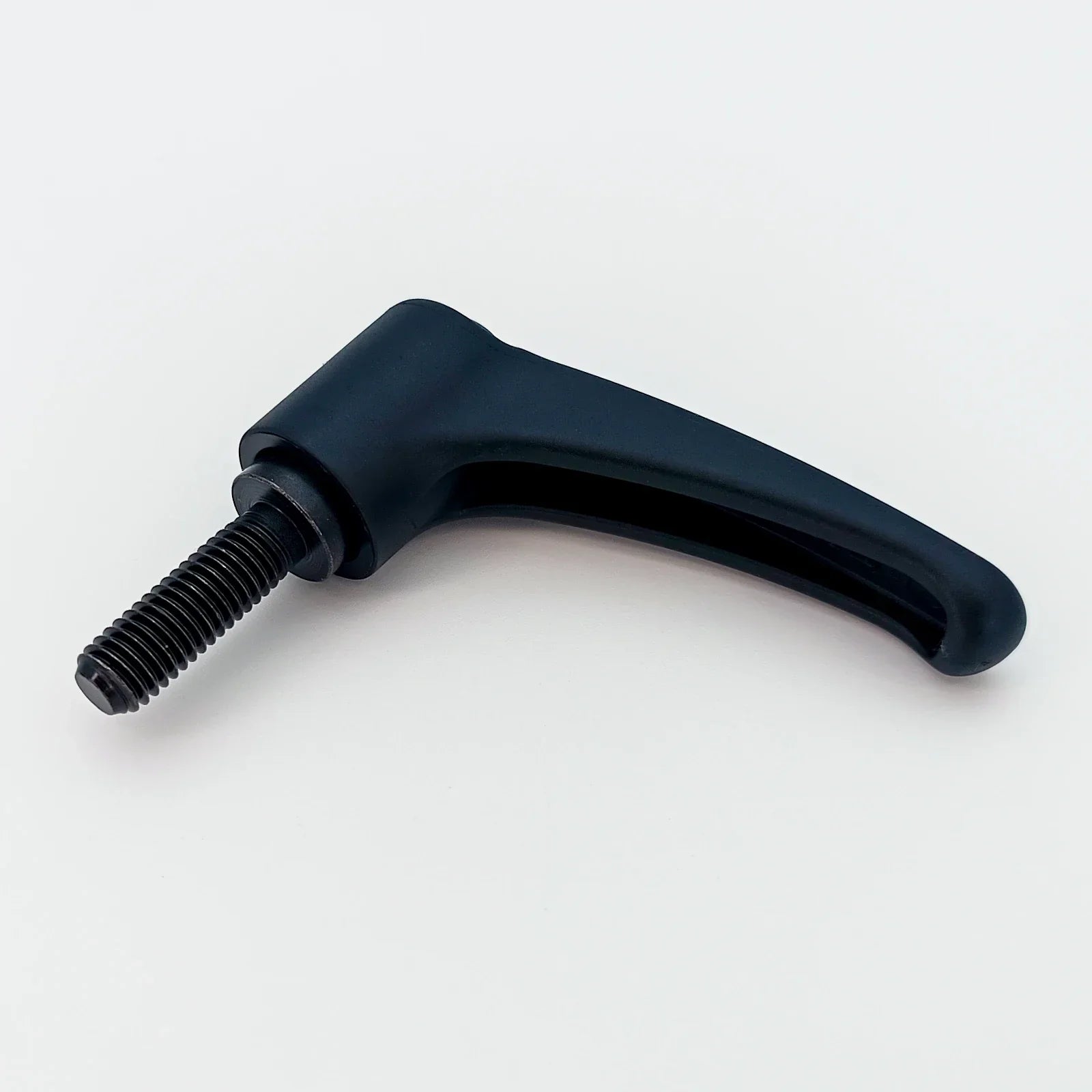 Black ergonomic wheelchair adjustment lever with threaded bolt for secure attachment