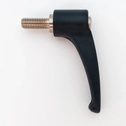 Black ergonomic wheelchair adjustment lever with threaded metal shaft for secure attachment