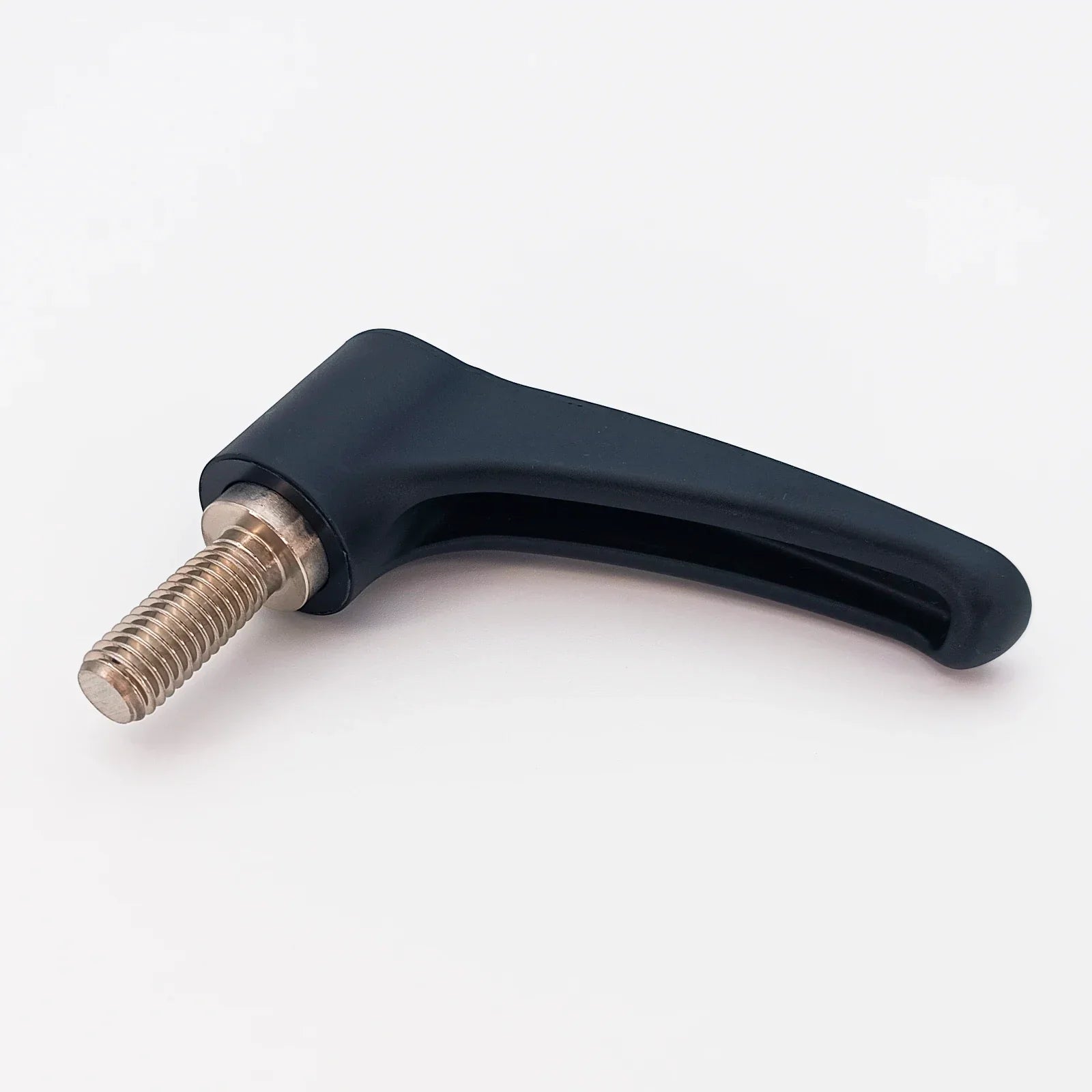 Black ergonomic wheelchair adjustment lever with threaded metal bolt for secure attachment
