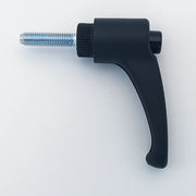 Black ergonomic wheelchair adjustment lever with threaded metal shaft for secure attachment