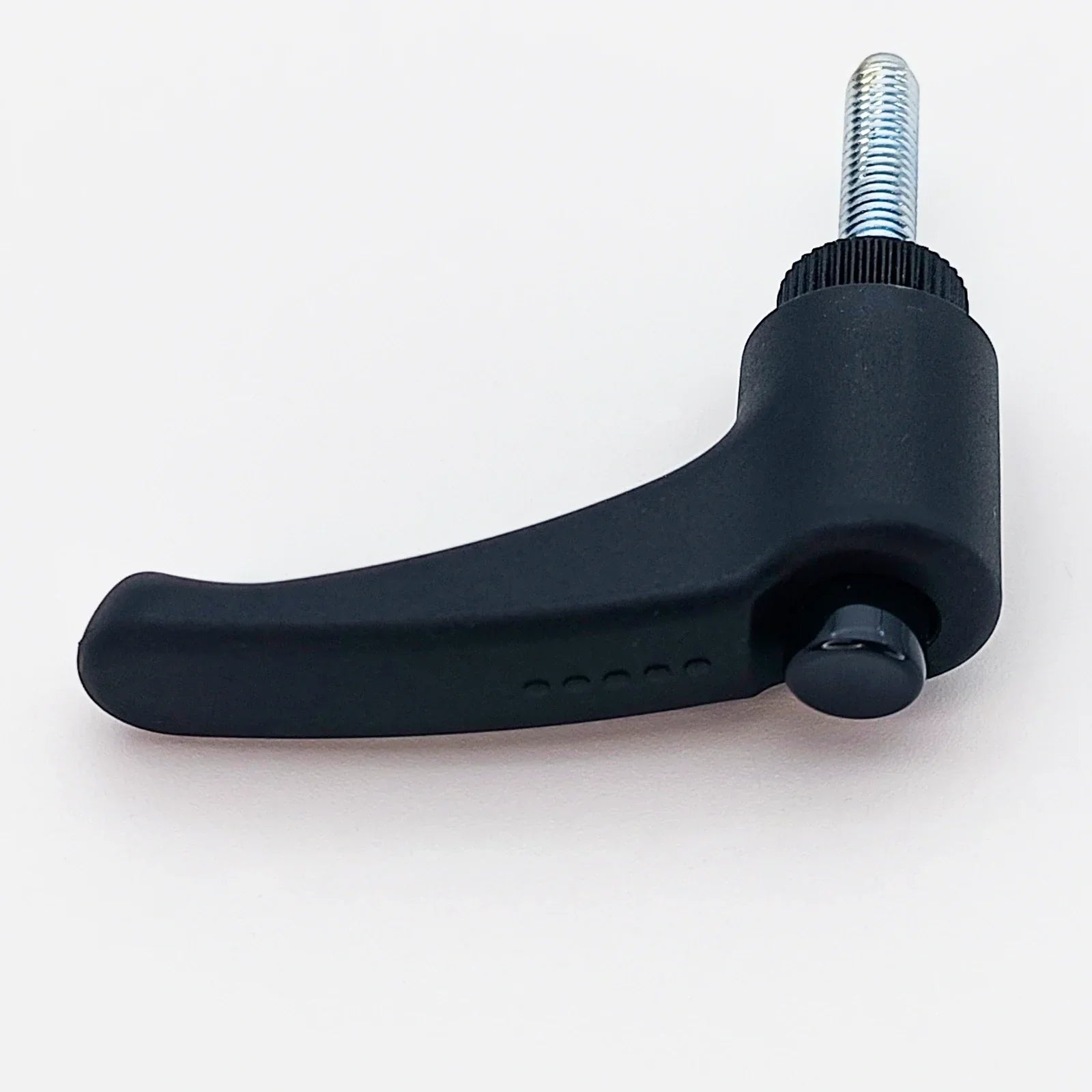 Black ergonomic wheelchair adjustment lever with threaded bolt for secure attachment