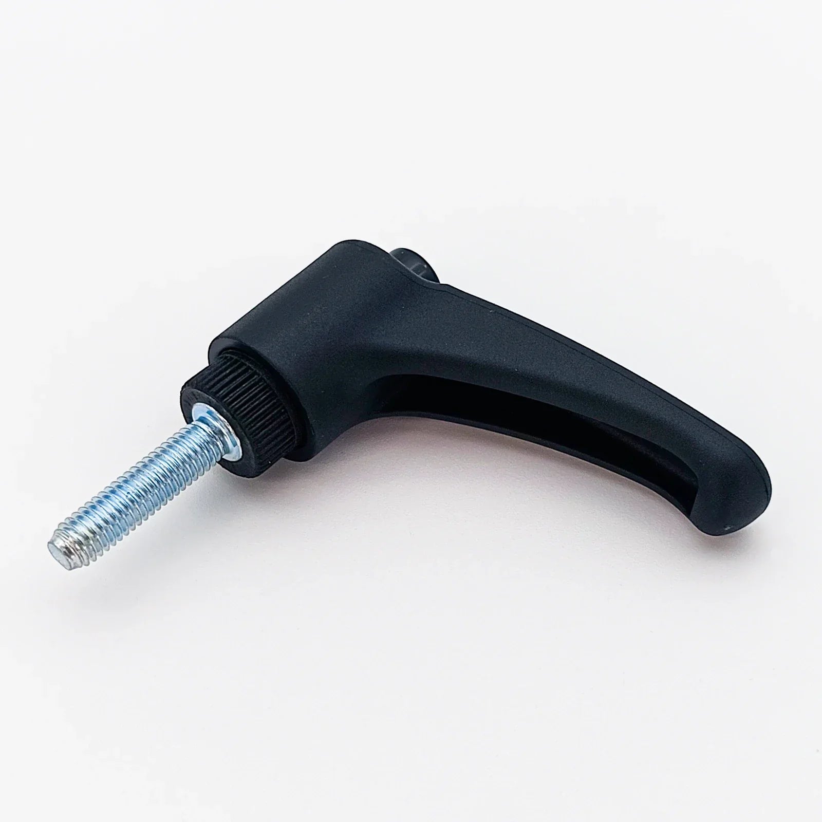 Black ergonomic wheelchair adjustment lever with threaded bolt for secure attachment