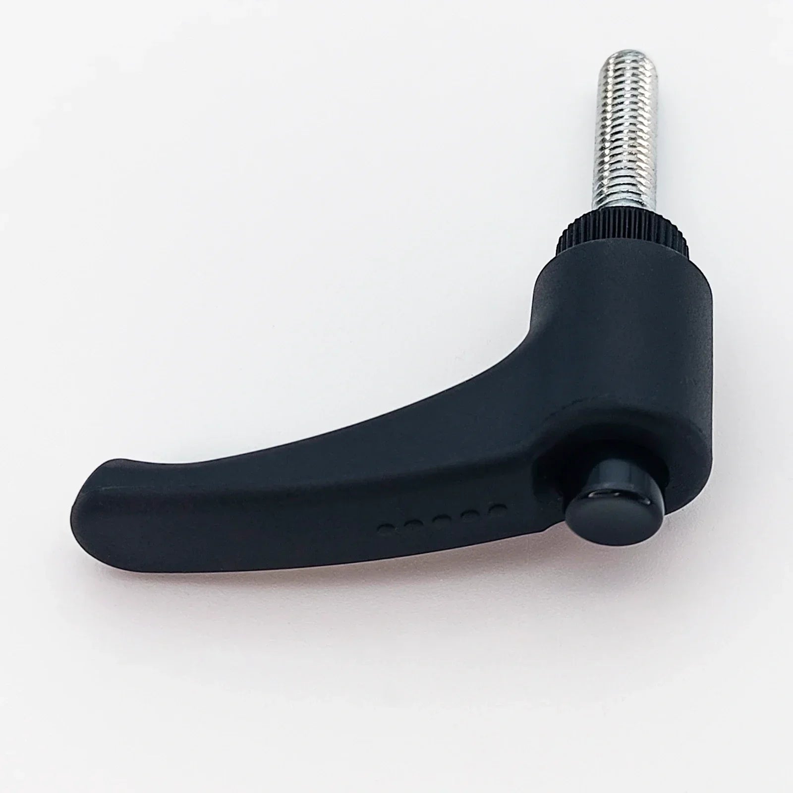 Black ergonomic wheelchair adjustment lever with threaded metal shaft for secure positioning