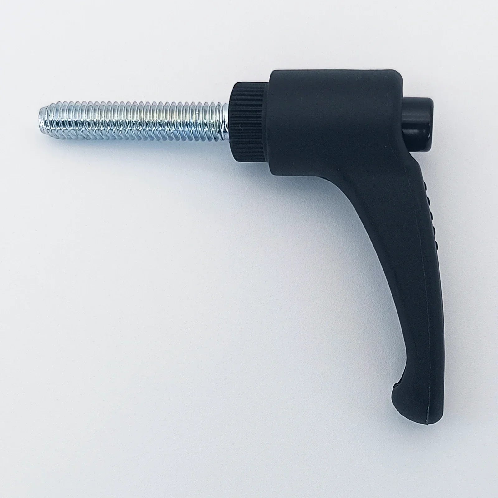 Black ergonomic wheelchair adjustment lever with threaded metal shaft for secure positioning