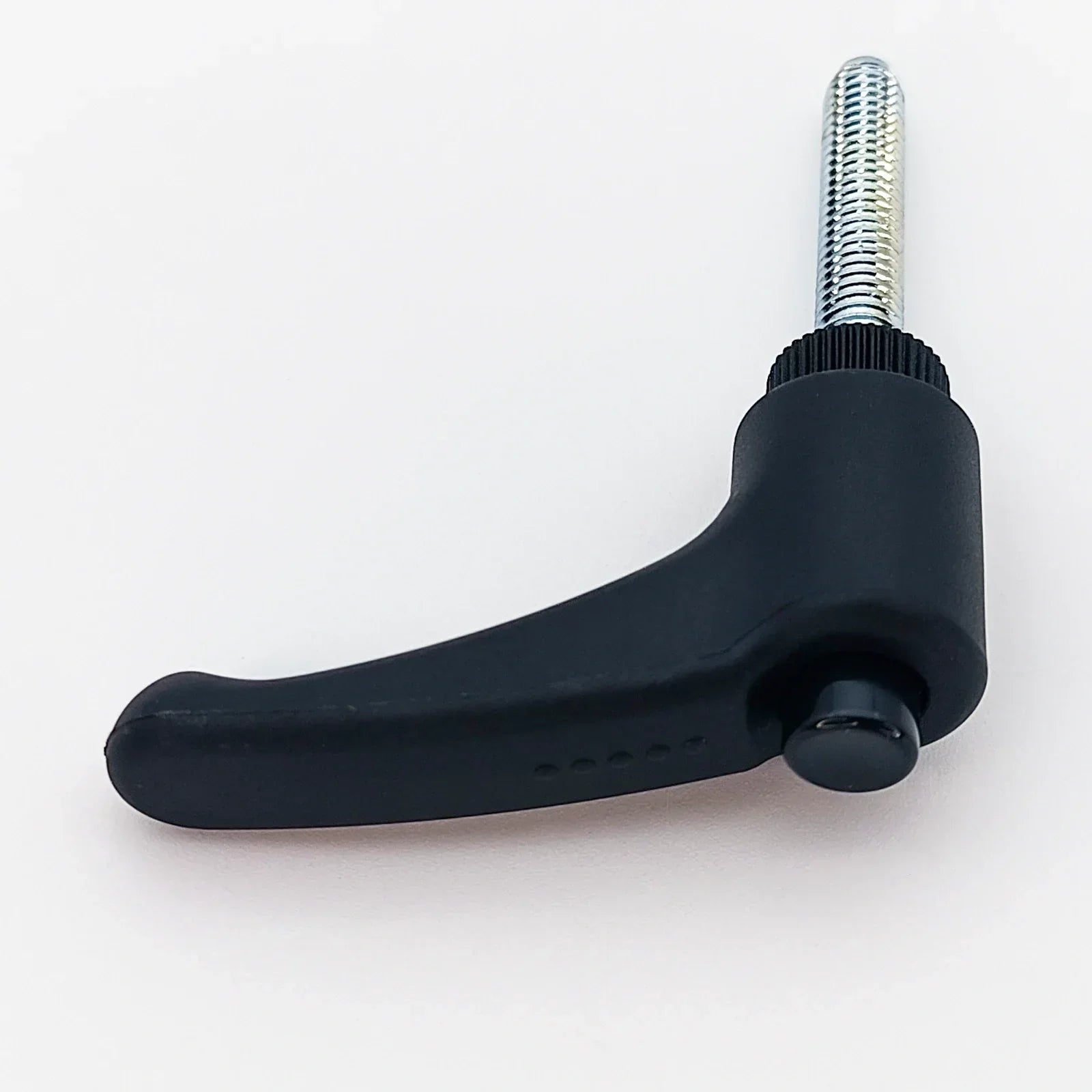 Black ergonomic wheelchair adjustment lever with threaded metal shaft for secure positioning