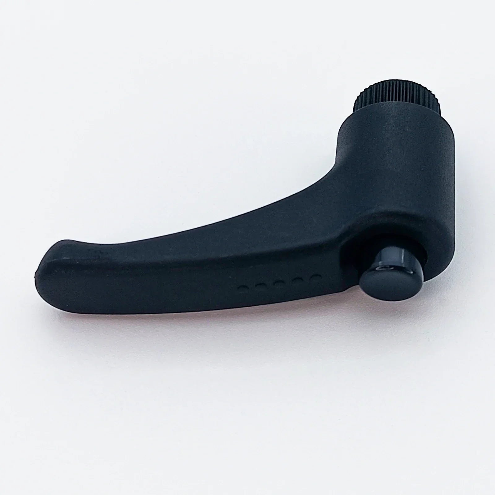 Black wheelchair brake lever with textured grip and adjustment knob for secure mobility control