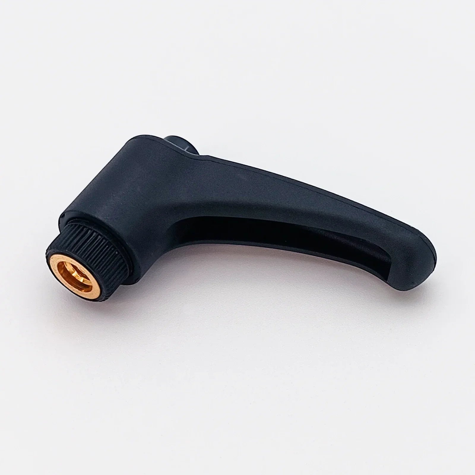 Black ergonomic wheelchair lever with gold threaded connector for secure attachment