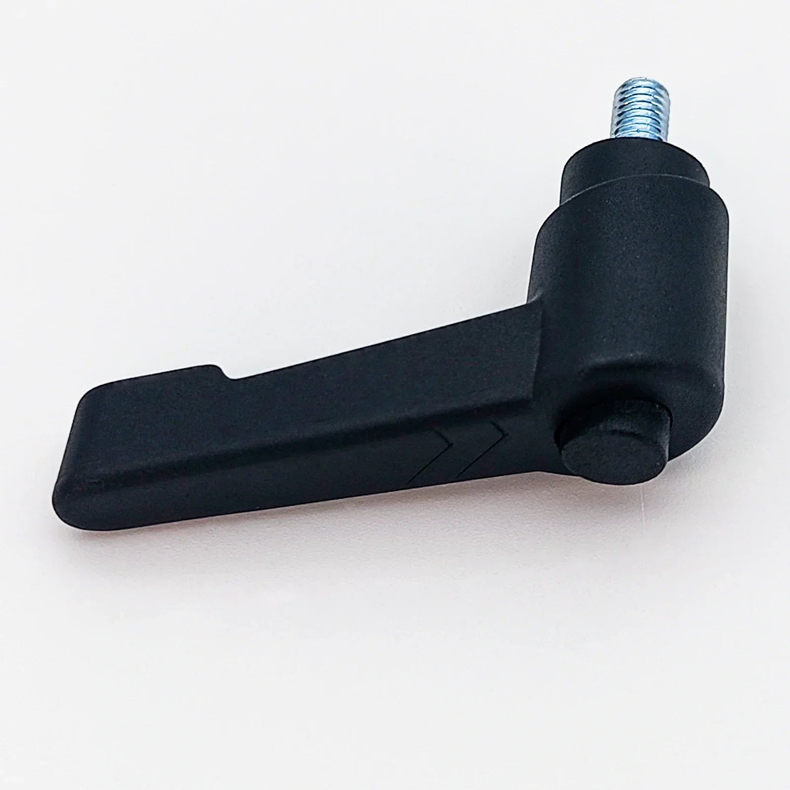 Black wheelchair accessory lever with threaded bolt, durable plastic design for secure adjustment