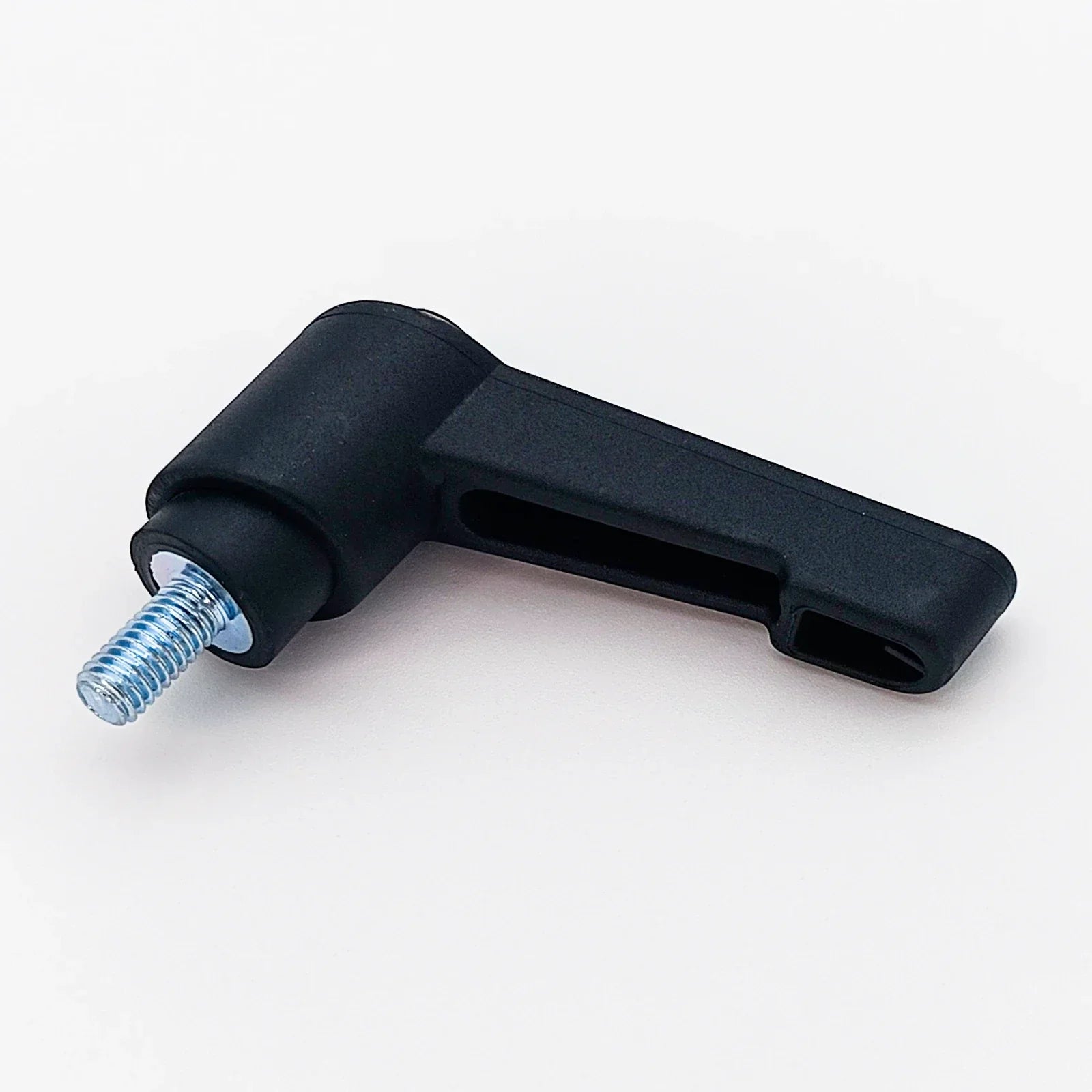 Black wheelchair accessory with threaded bolt, durable plastic handle for secure attachment