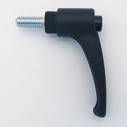 Black ergonomic wheelchair adjustment lever with threaded metal bolt for secure attachment