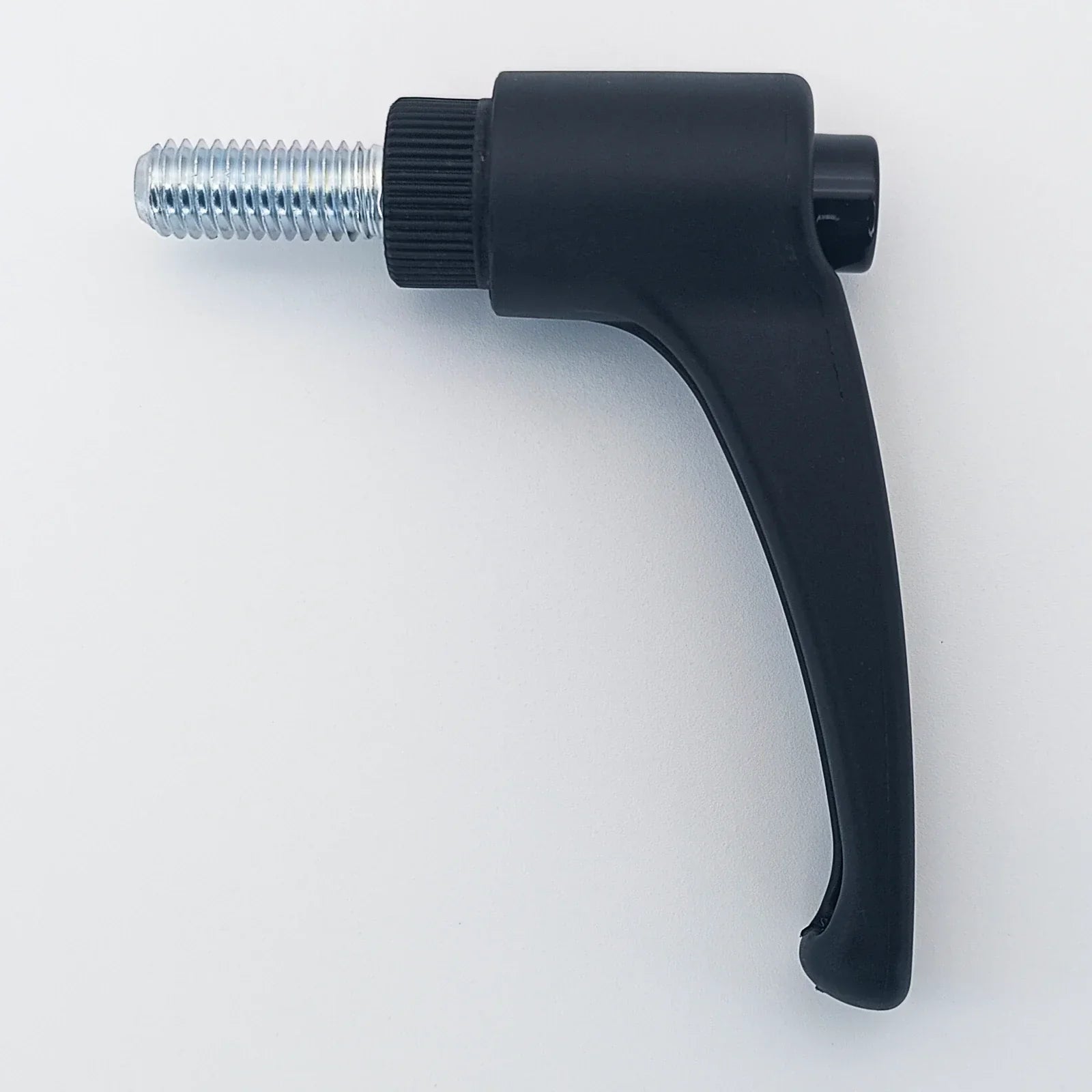 Black ergonomic wheelchair adjustment lever with threaded metal bolt for secure attachment