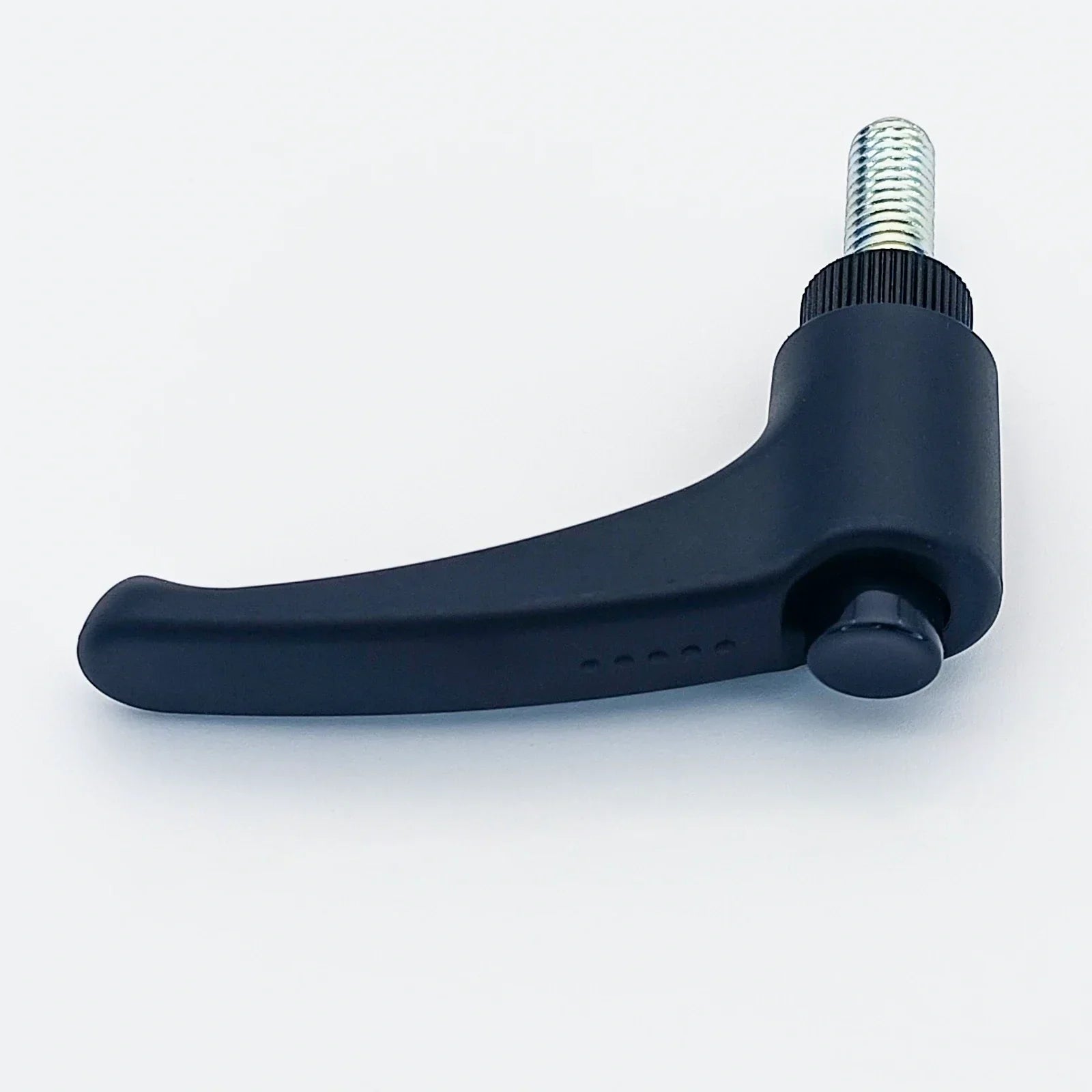 Black ergonomic wheelchair adjustment lever with threaded bolt for secure attachment