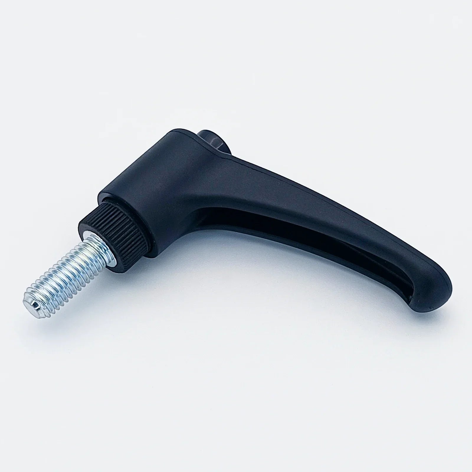 Black ergonomic wheelchair adjustment lever with threaded metal bolt for secure attachment