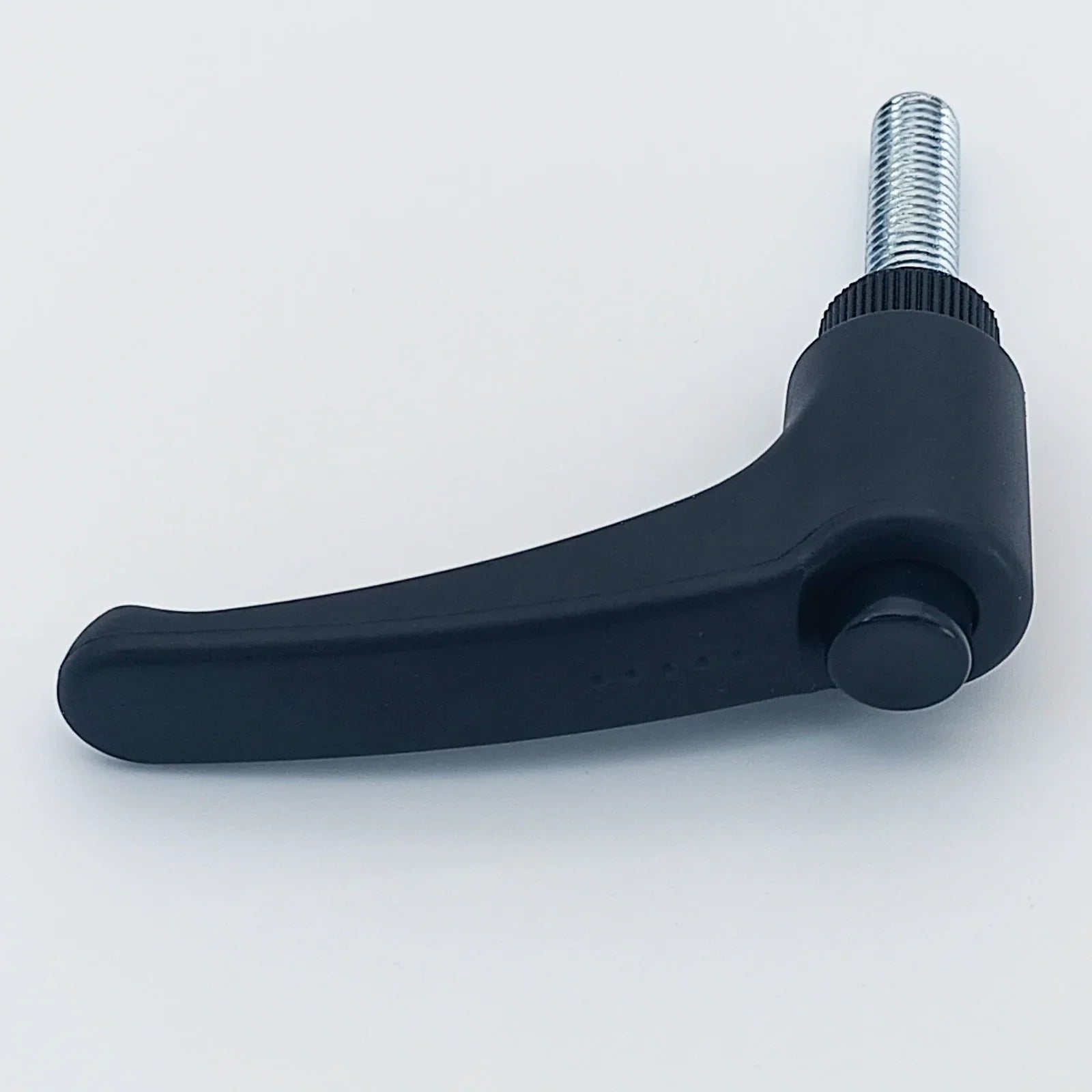 Black ergonomic wheelchair adjustment lever with threaded metal shaft for secure positioning