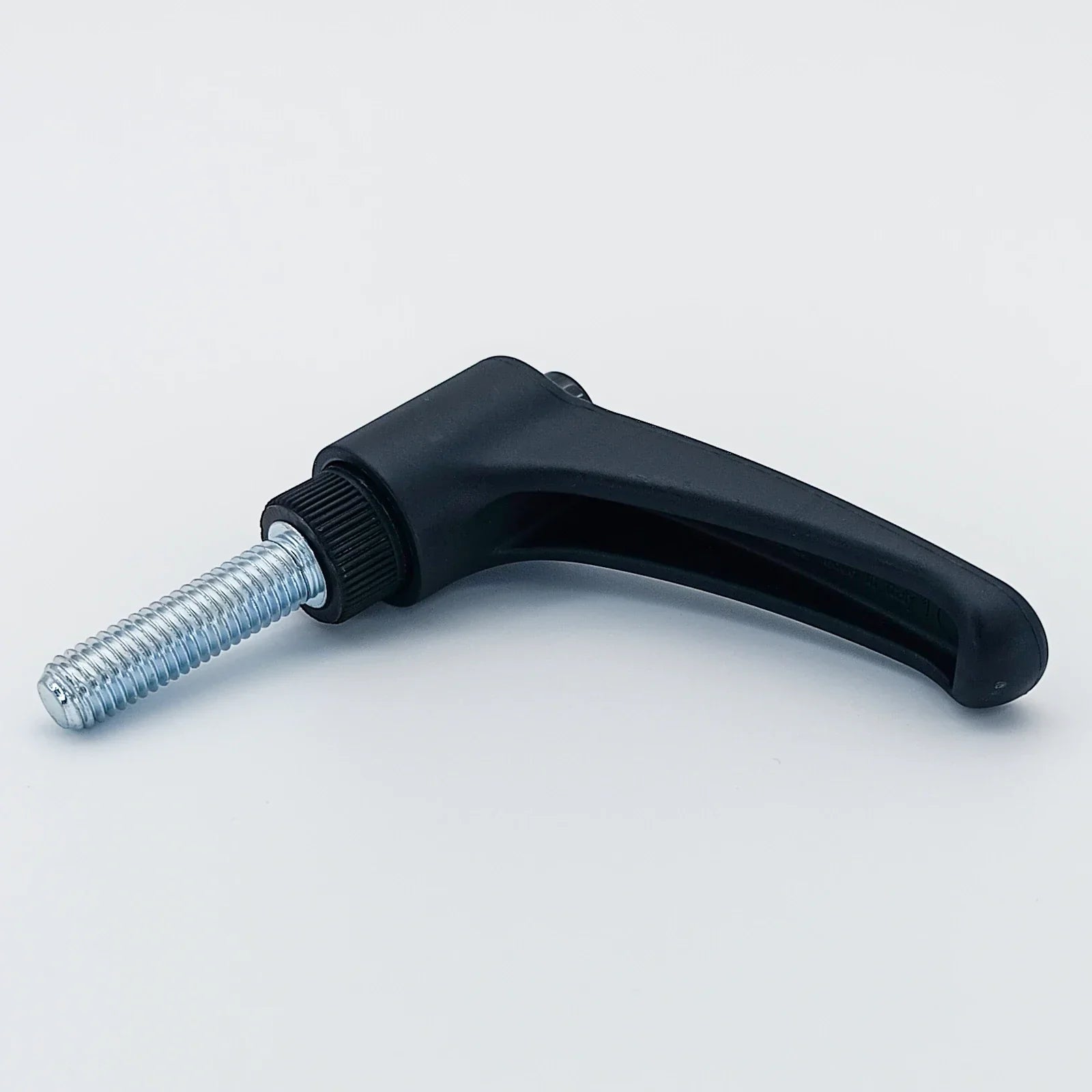 Black ergonomic wheelchair adjustment lever with threaded metal shaft for secure positioning