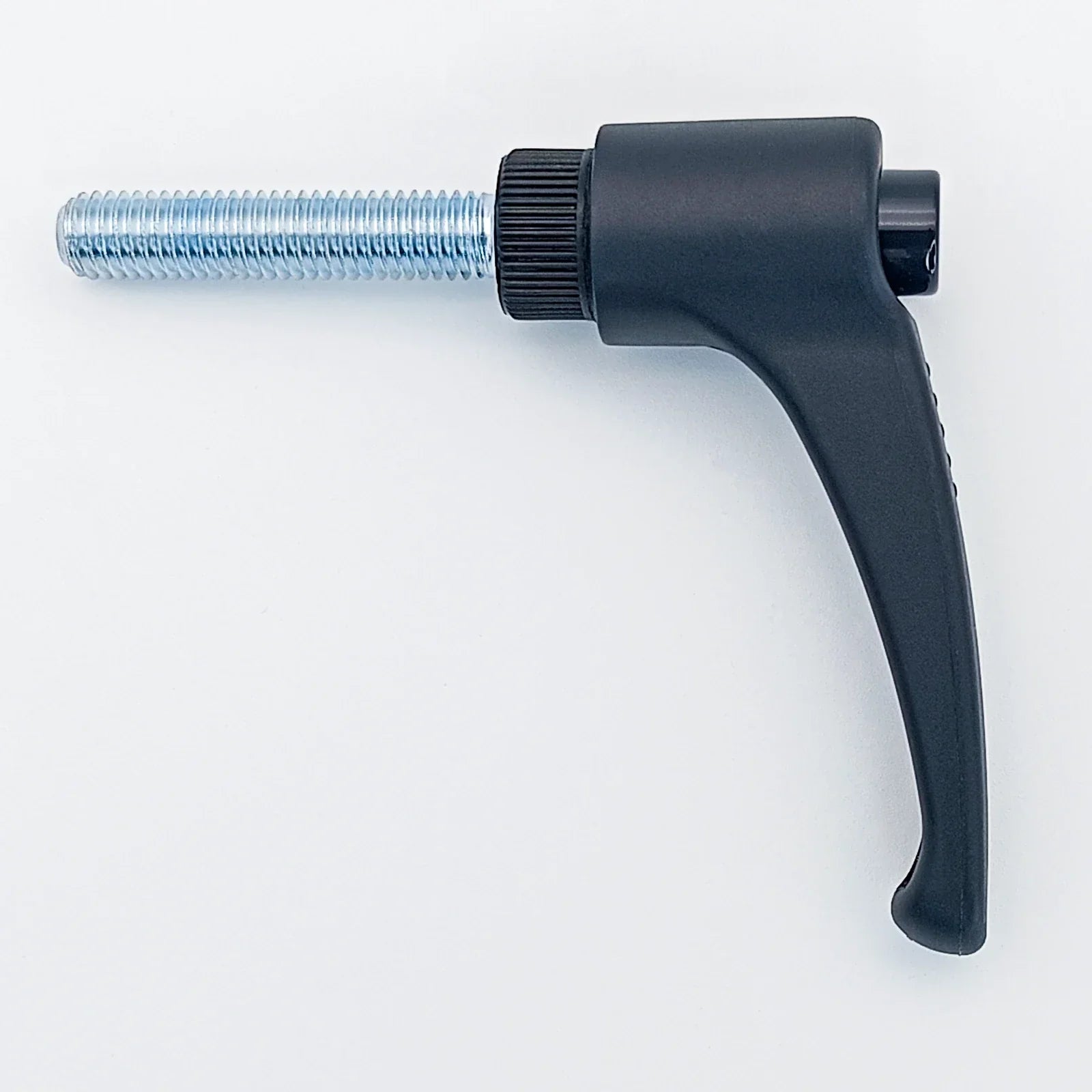 Black ergonomic wheelchair adjustment lever with threaded metal shaft for secure positioning