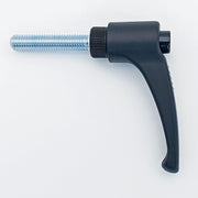 Black ergonomic wheelchair adjustment lever with threaded metal shaft for secure positioning