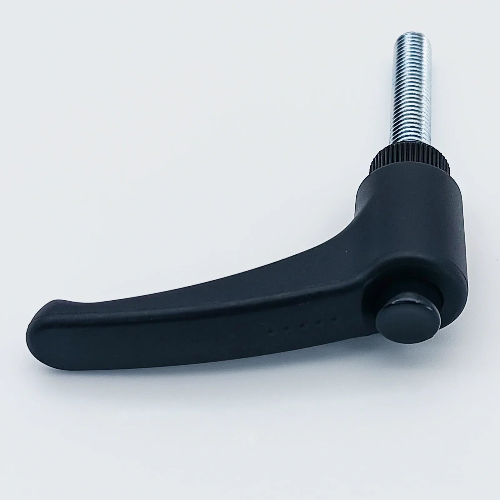 Black plastic lever clamp with metal threaded rod for wheelchair accessories and durable equipment mounting