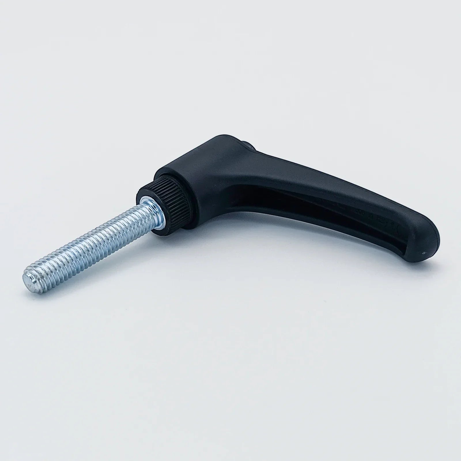 Black ergonomic wheelchair adjustment lever with threaded metal rod for secure positioning