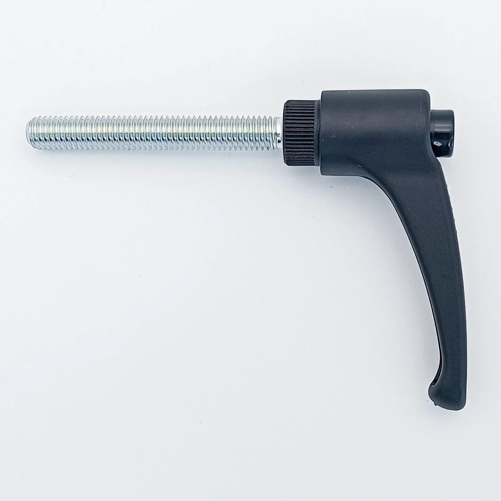 Black ergonomic wheelchair adjustment lever with threaded metal rod for secure positioning