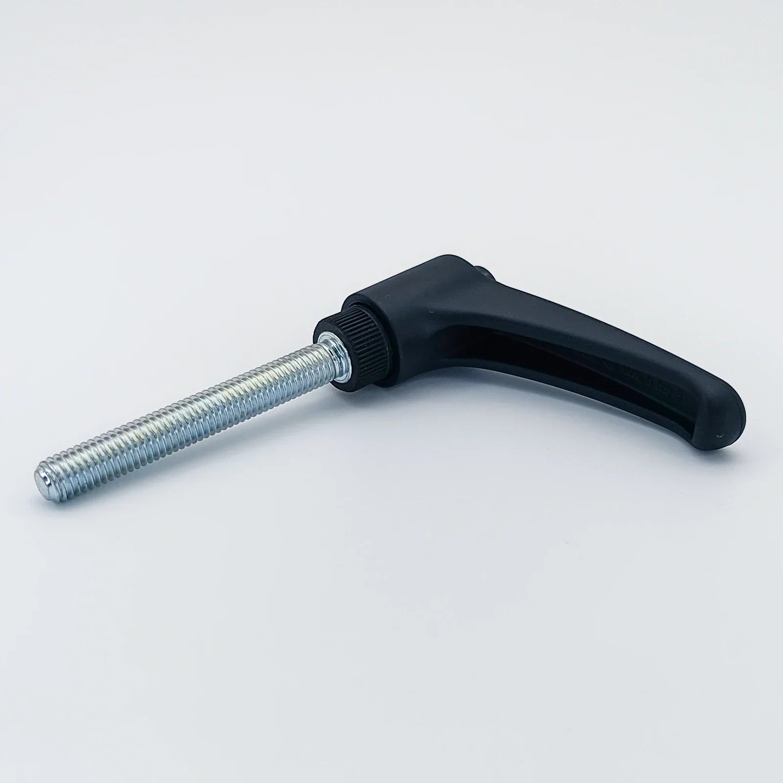 Black ergonomic wheelchair adjustment lever with threaded metal rod for secure positioning