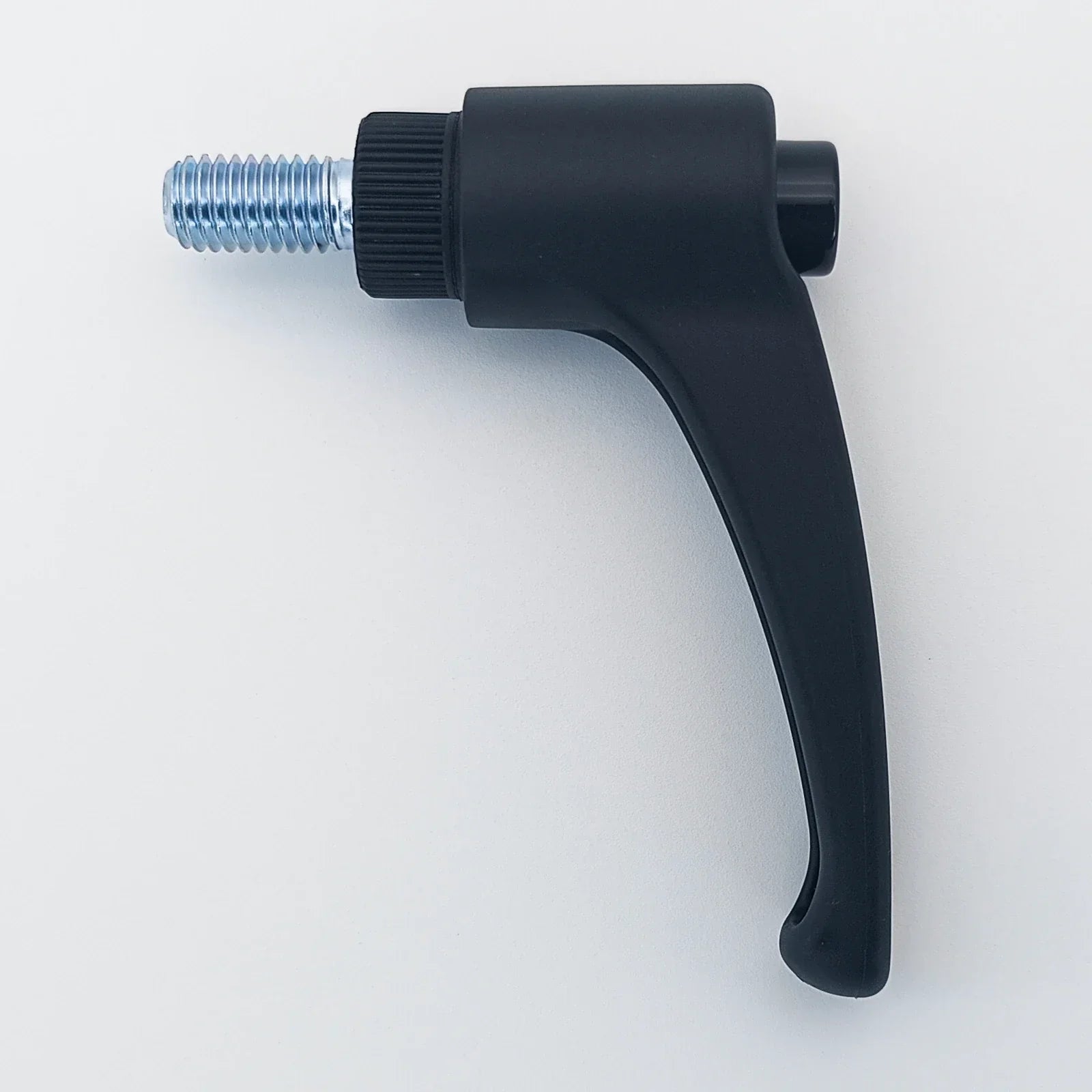 Black ergonomic wheelchair adjustment lever with threaded metal bolt for secure attachment