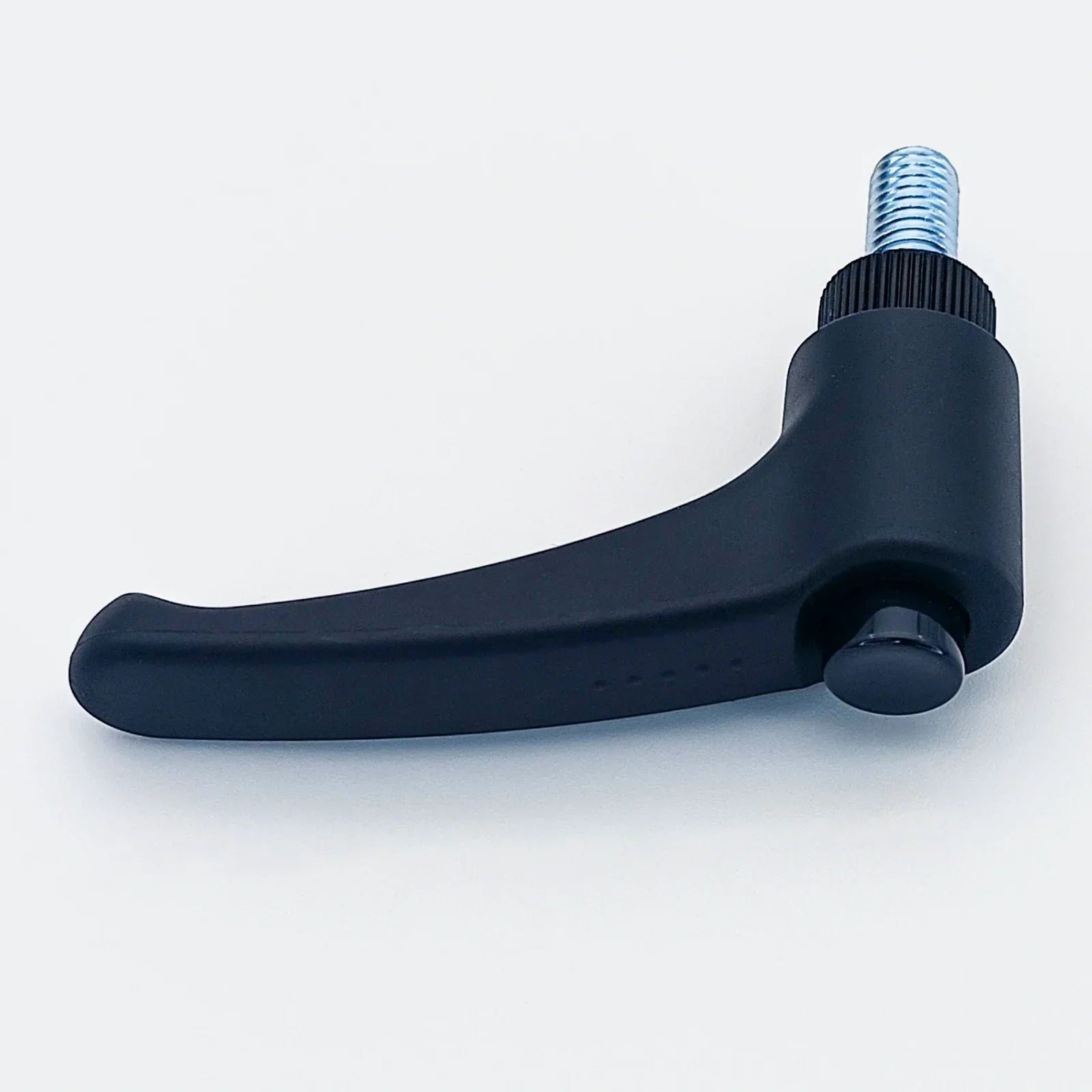 Black ergonomic wheelchair adjustment lever with threaded bolt for secure attachment