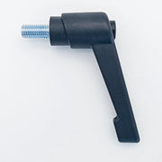 Black wheelchair accessory lever with threaded metal bolt for secure attachment