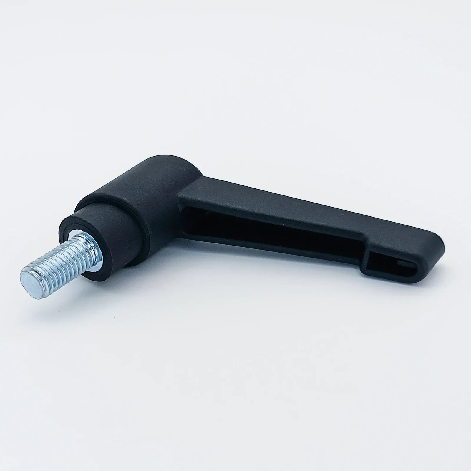 Black ergonomic wheelchair adjustment lever with metal threaded bolt for secure attachment