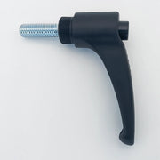 Black ergonomic wheelchair adjustment lever with threaded metal shaft for secure positioning
