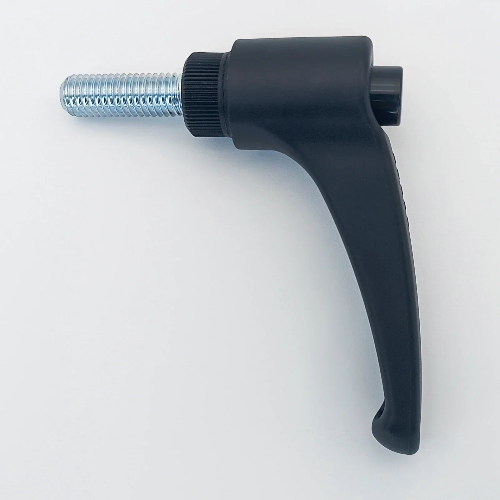Black ergonomic wheelchair adjustment lever with threaded metal shaft for secure positioning