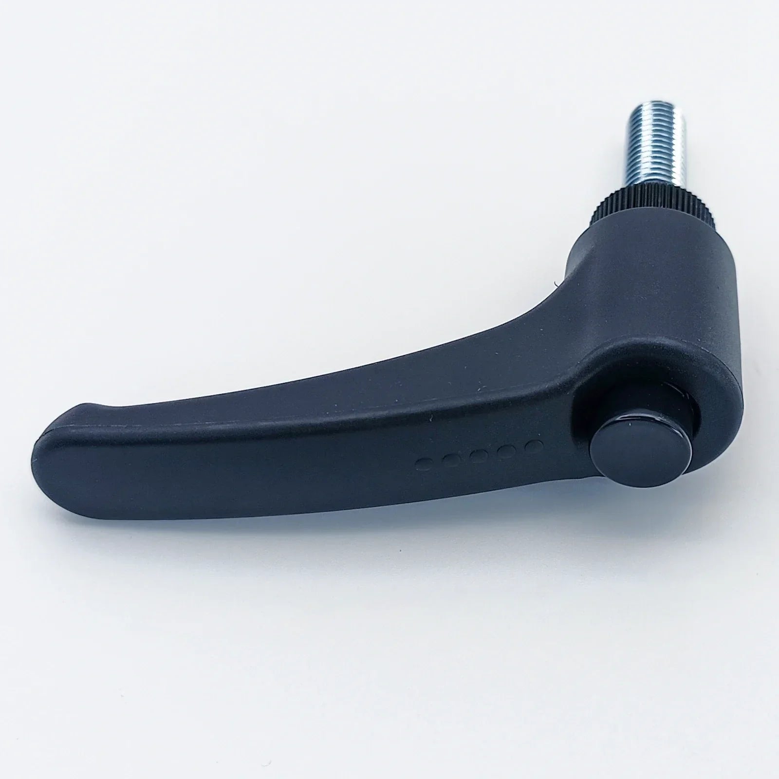 Black ergonomic wheelchair adjustment lever with threaded bolt for secure attachment
