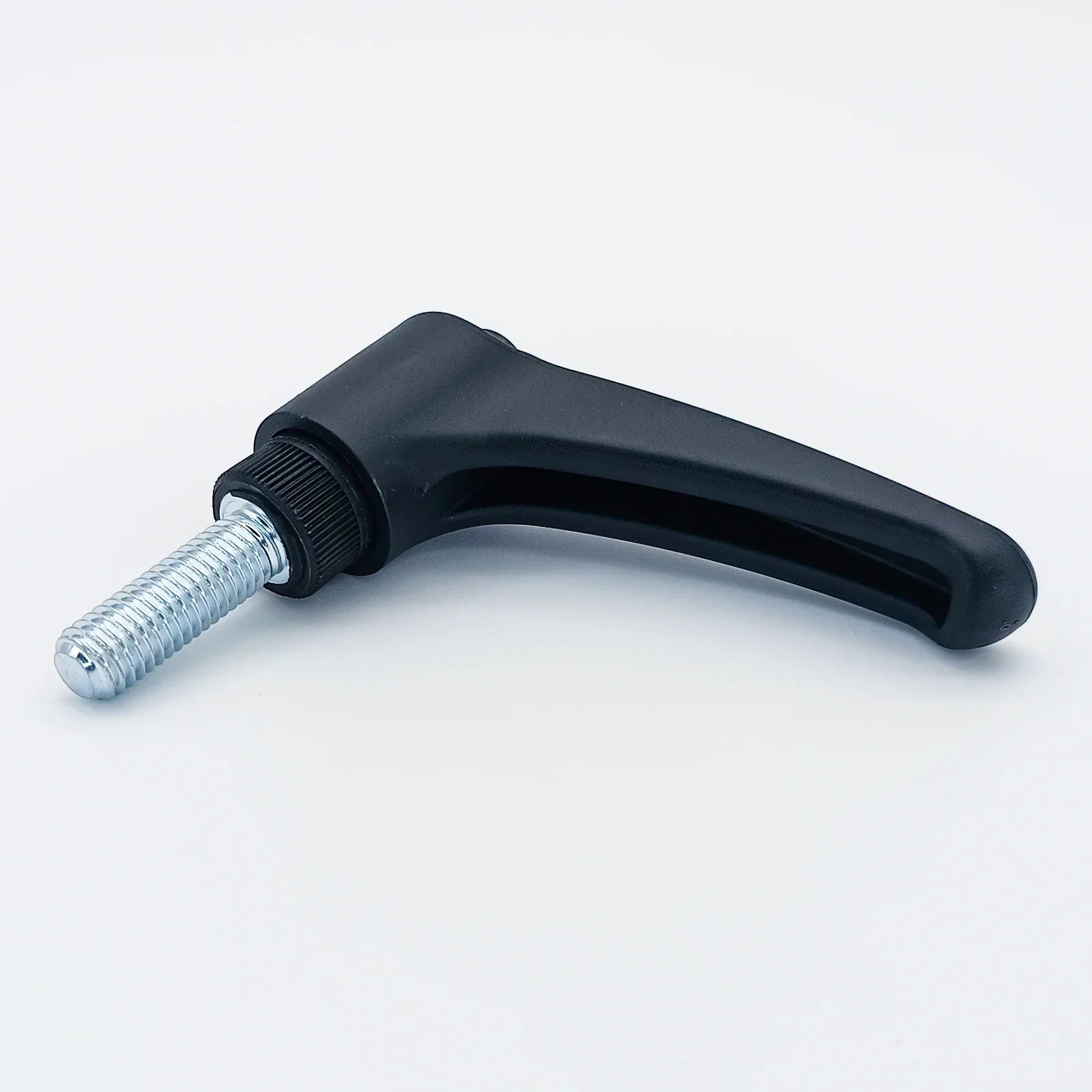 Black ergonomic wheelchair adjustment lever with threaded metal bolt for secure positioning