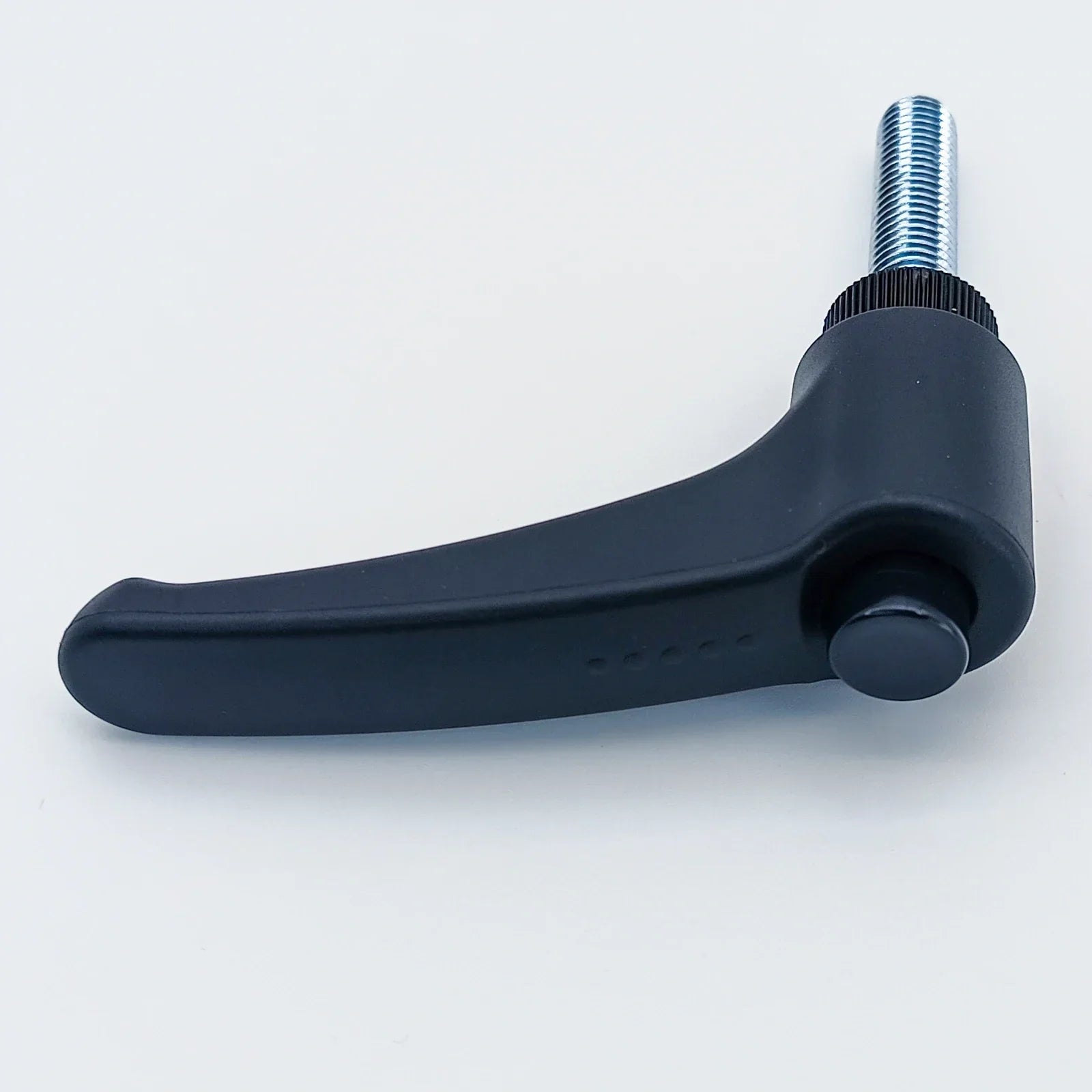 Black ergonomic wheelchair adjustment lever with threaded bolt for secure attachment