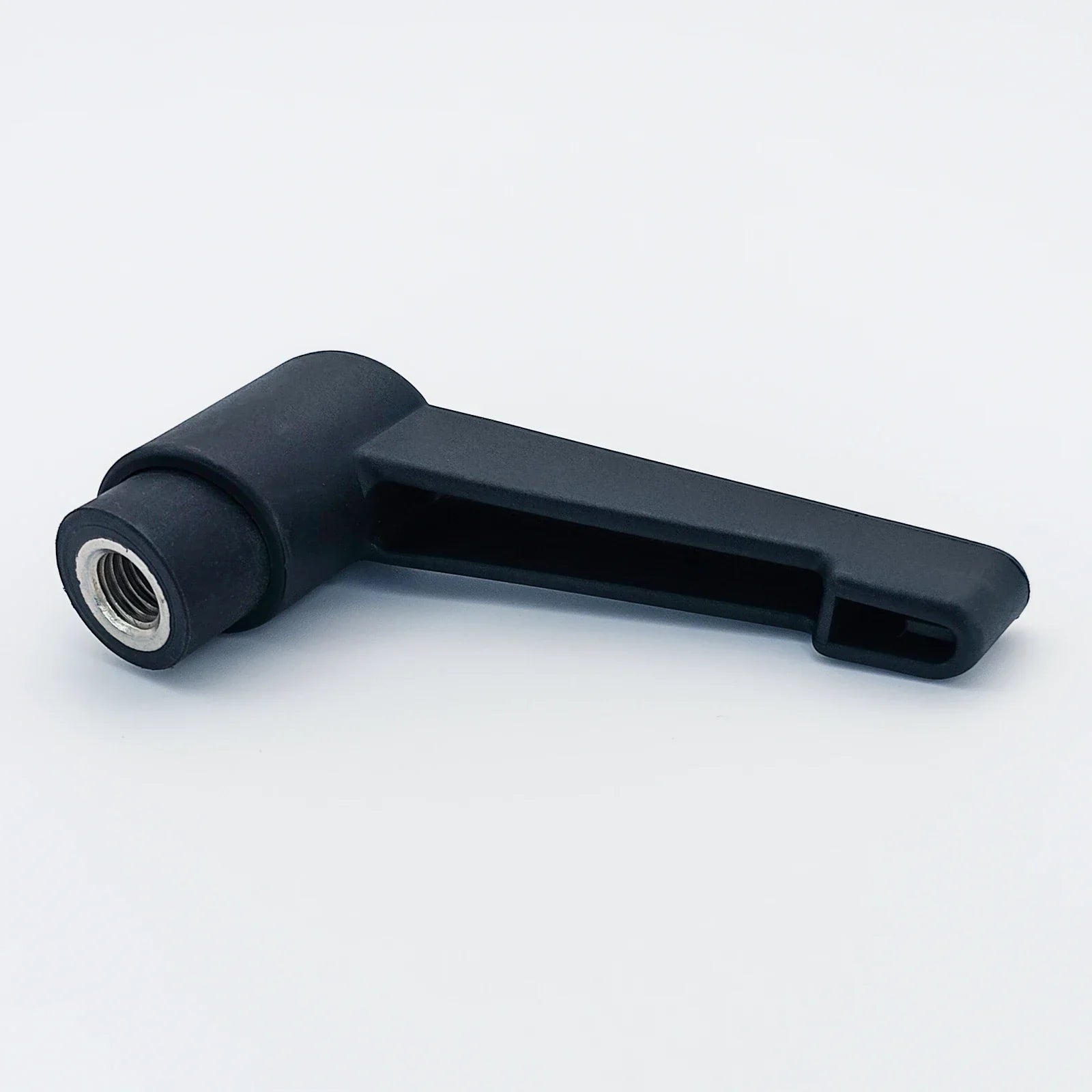 Black wheelchair accessory lever with threaded mount for secure attachment