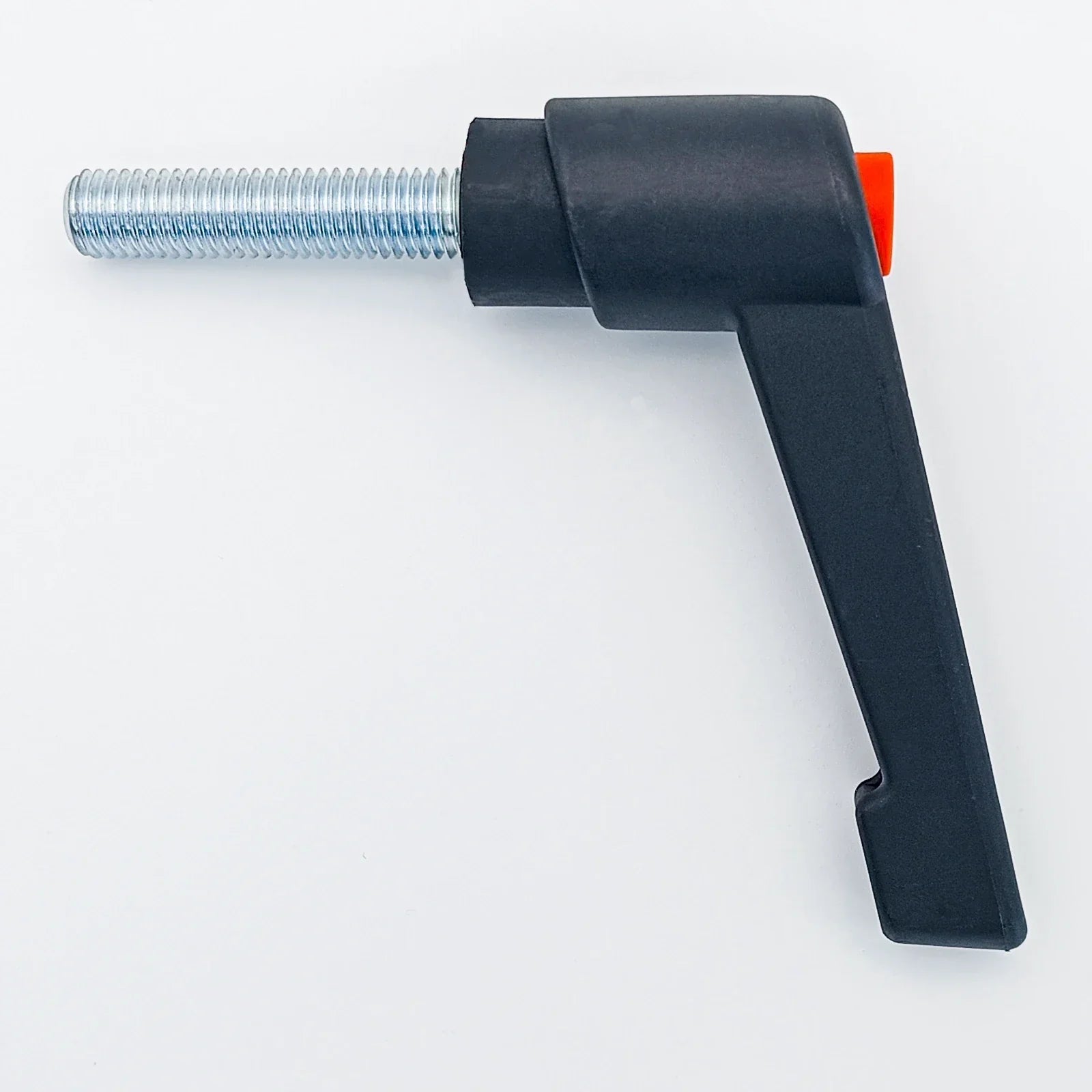 Black plastic lever clamp with threaded metal rod and orange accent, wheelchair accessory part