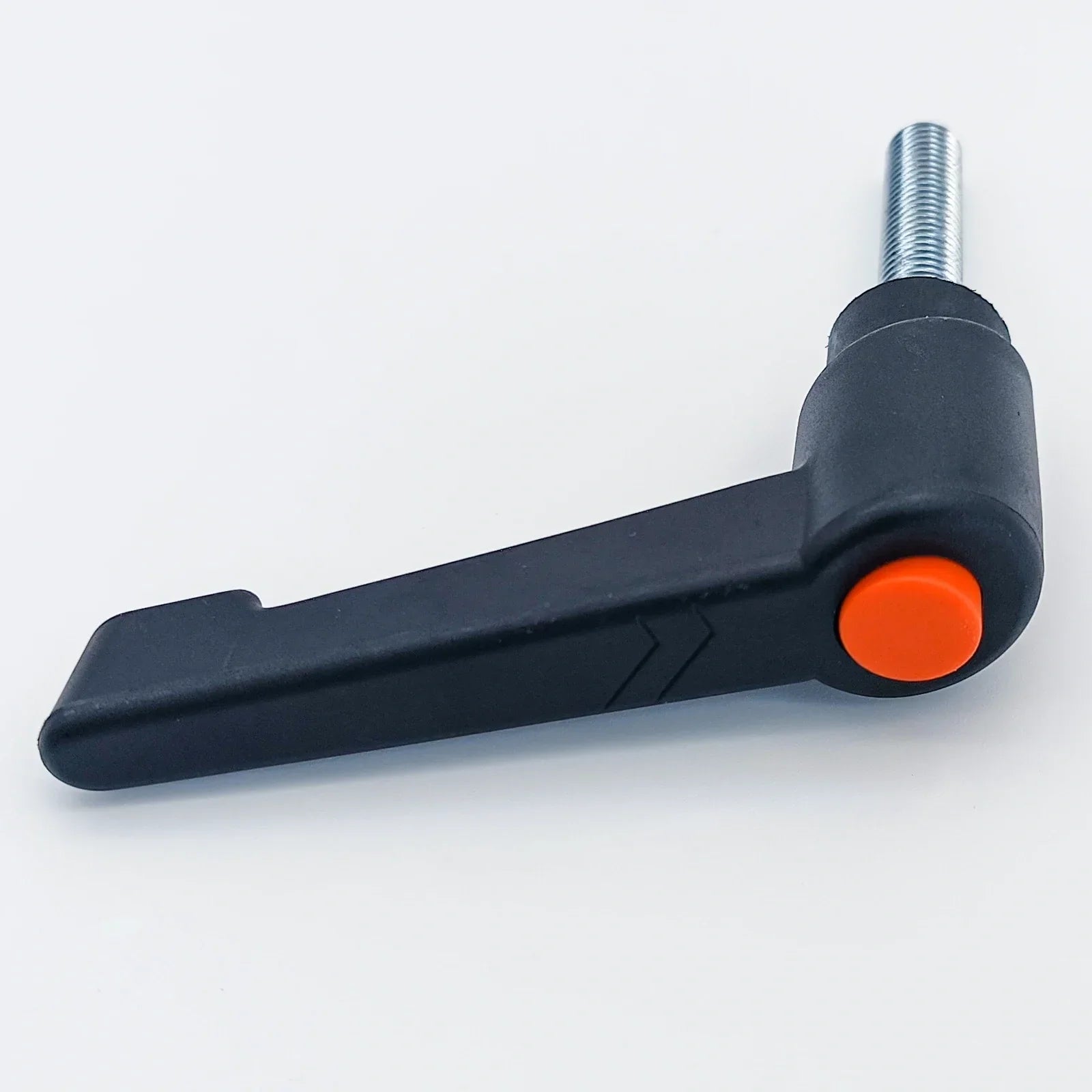 Black plastic lever clamp with orange button and metal threaded rod for wheelchair accessories