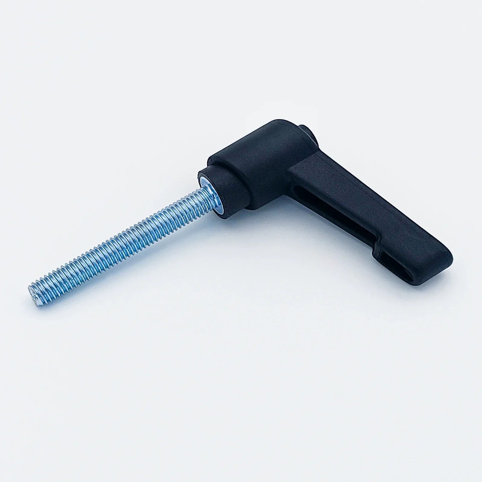 Black ergonomic wheelchair adjustment knob with threaded metal shaft for secure fitting