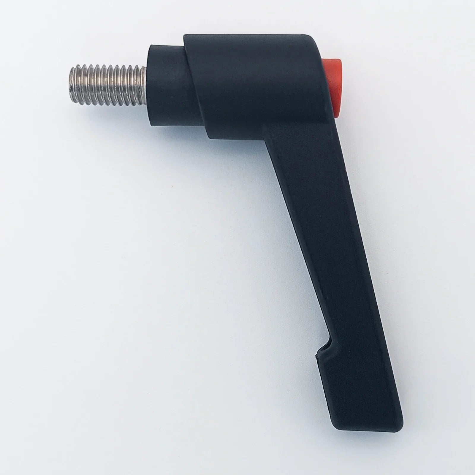 Black plastic lever with red button and metal threaded bolt for wheelchair accessories