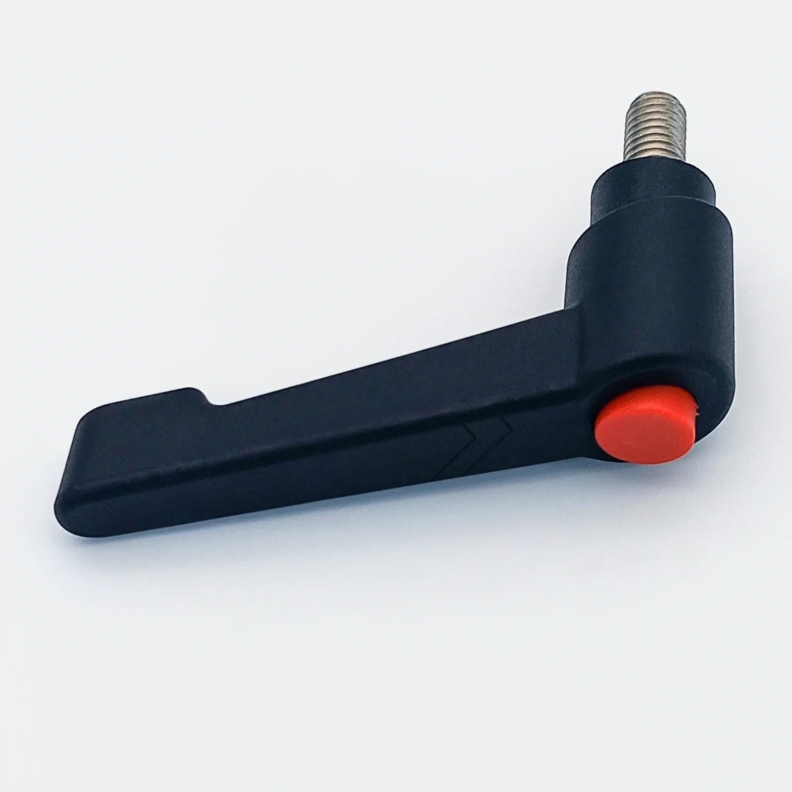 Black wheelchair adjustment lever with red button and threaded bolt for secure positioning
